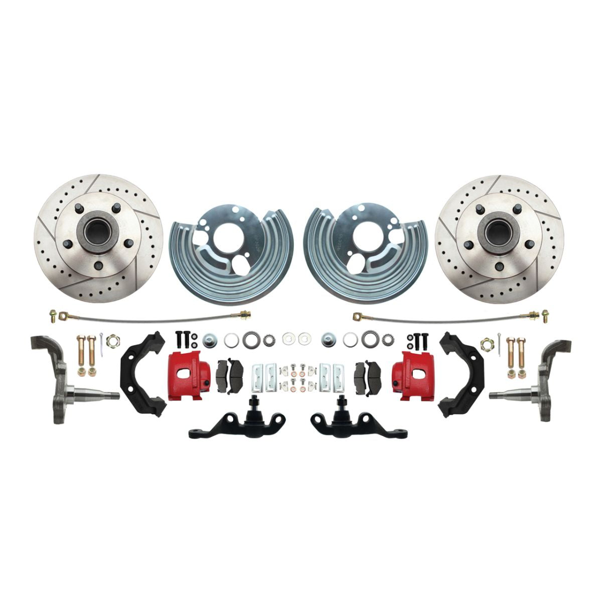 1962-72 Mopar A-Body Disc Brake Wheel Kit Red Calipers 5X4.5 Bolt Pattern Cross Drilled And Slotted Rotors