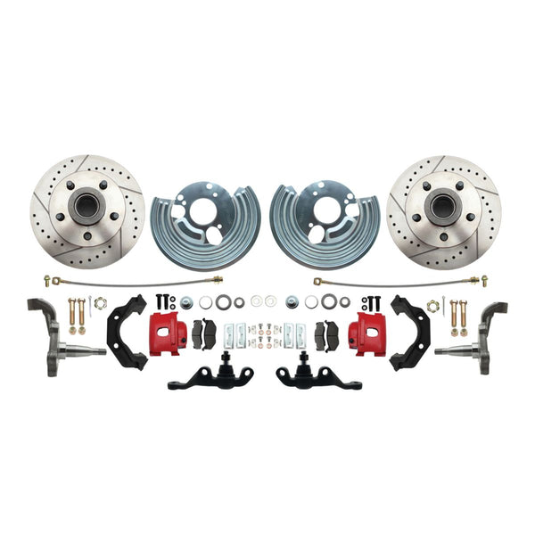 1962-72 Mopar A-Body Disc Brake Wheel Kit Red Calipers 5X4.5 Bolt Pattern Cross Drilled And Slotted Rotors