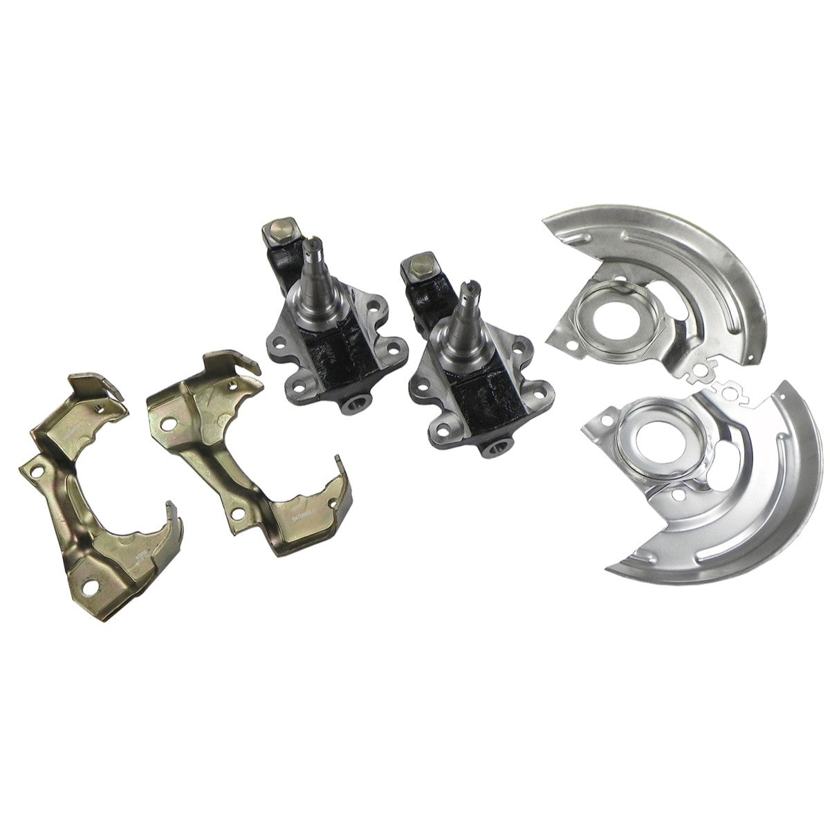1964-72 GM A-body, 67-69 F-body, 68-74 X-body 2" Drop Front Disc Brake Spindle, Caliper Bracket and Backing Plate. 6pc