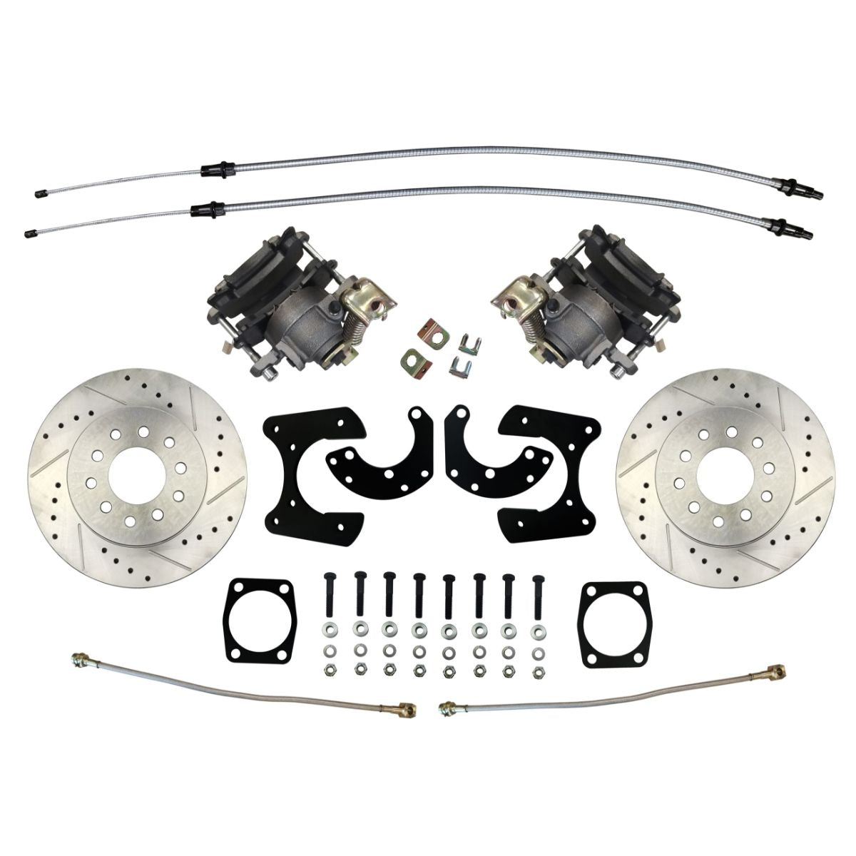 Ford Old Style Rear Disc Conversion Kit w/Cross-Drilled and Slotted Rotors w/E-Brake Cable Brackets