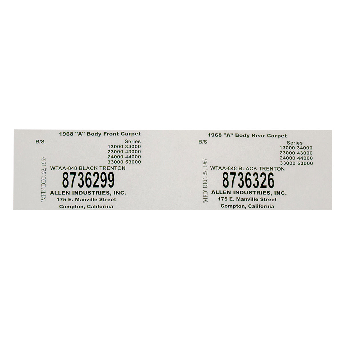 1968 GM A-body Carpet Tag Front & Rear