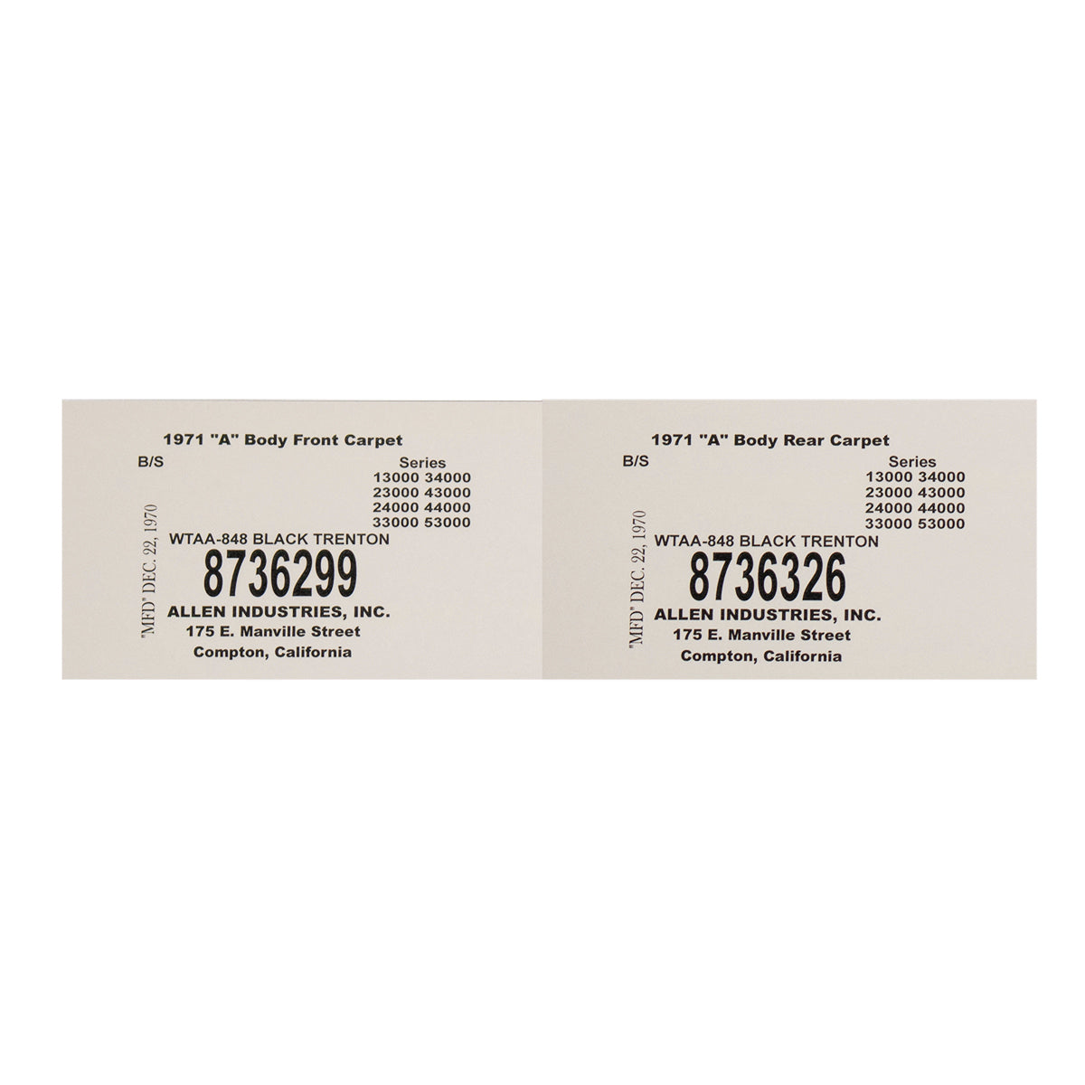 1971 GM A-body Carpet Tag Front & Rear