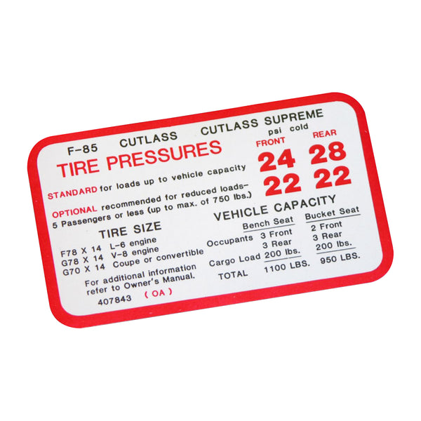 1970 Oldsmobile Cutlass Tire Pressure Decal All Models
