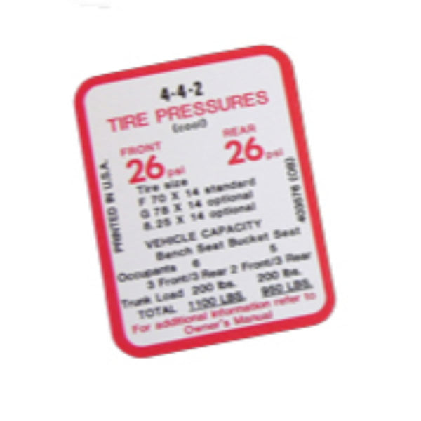 1969 Oldsmobile 442 Tire Pressure Decal 1pc
