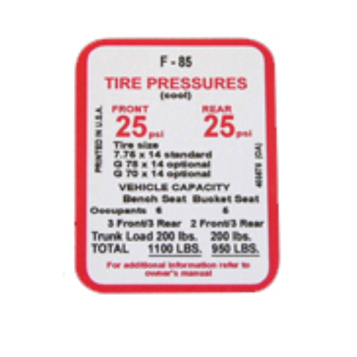 1969 Oldsmobile Cutlass Tire Pressure Decal 1pc