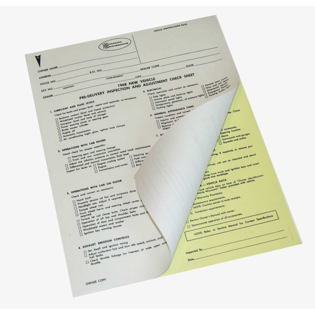 1968 Pontiac (All Models) Dealer Pre Delivery Sheets Carbon Ea