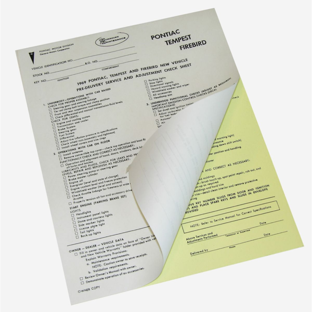 1969 Pontiac (All Models) Dealer Pre Delivery Sheets Carbon Ea