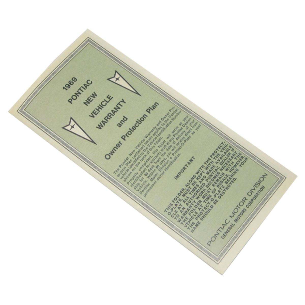 1969 Pontiac GTO, Firebird New Car Warranty Fold Out, 1pc