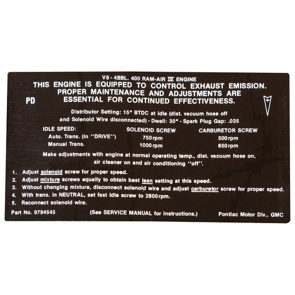 1969 Pontiac Ram Air IV Emissions Decal, Ea