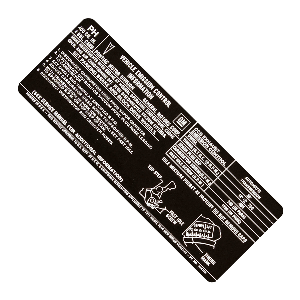 1971 Pontiac 400-4bbl, AT Emissions Decal, Ea
