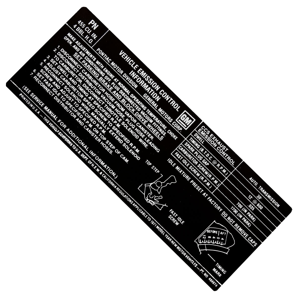 1971 Pontiac 455-4bbl, HO, AT Emissions Decal, Ea