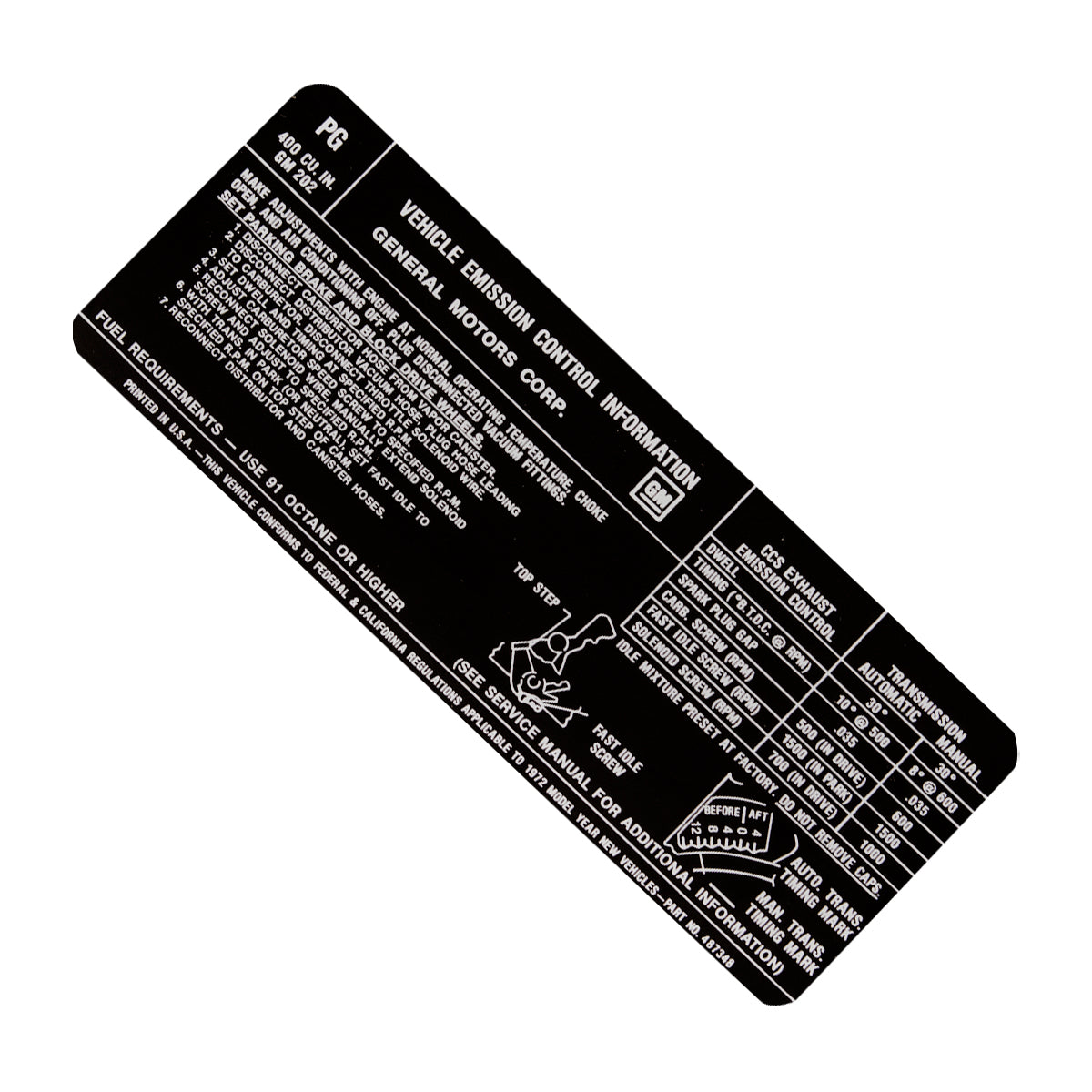 1972 Pontiac 400-4bbl Emissions Decal, Ea