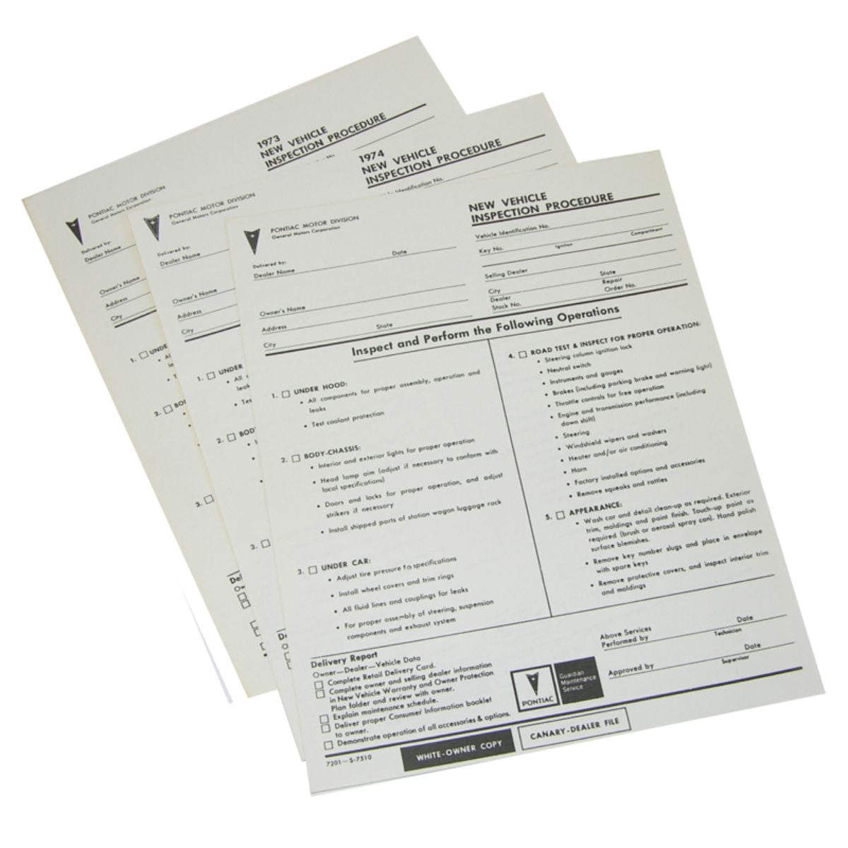 1975 Pontiac Pre-Delivery Sheet 1pc