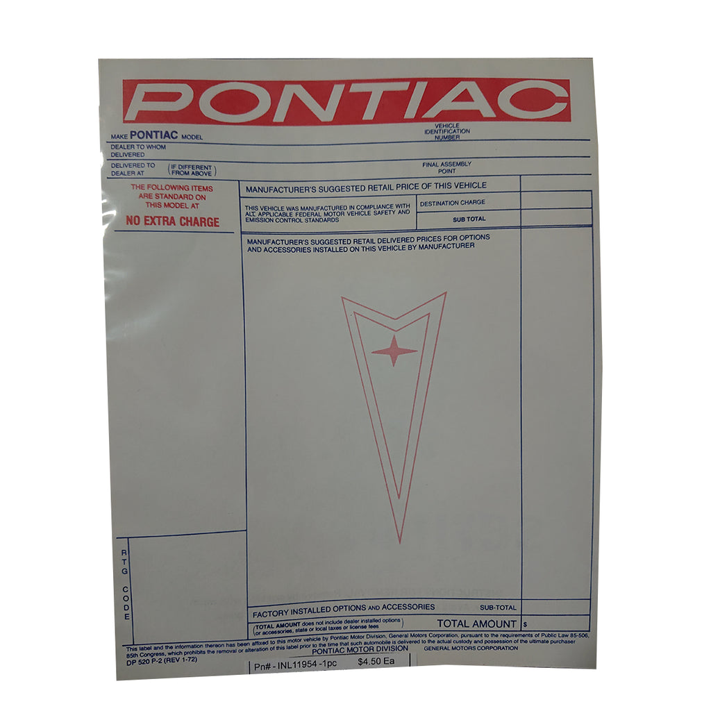 1972-73 Pontiac New Vehicle Window Price Sticker