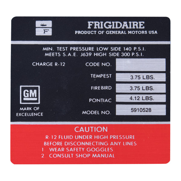 1967 Pontiac Only Frigidaire Air Conditioner Compressor Decal