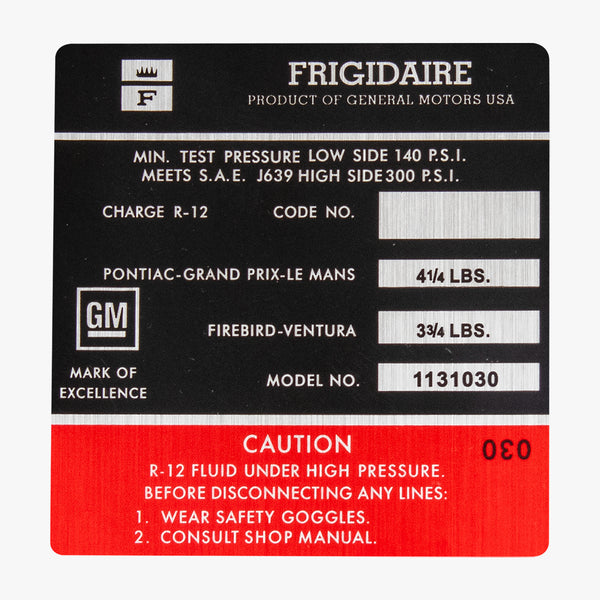 1973 Pontiac Only Frigidaire Air Conditioner Compressor Decal