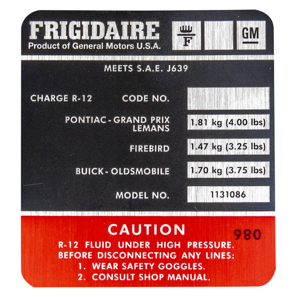 1975 Pontiac Only Frigidaire Air Conditioner Compressor Decal