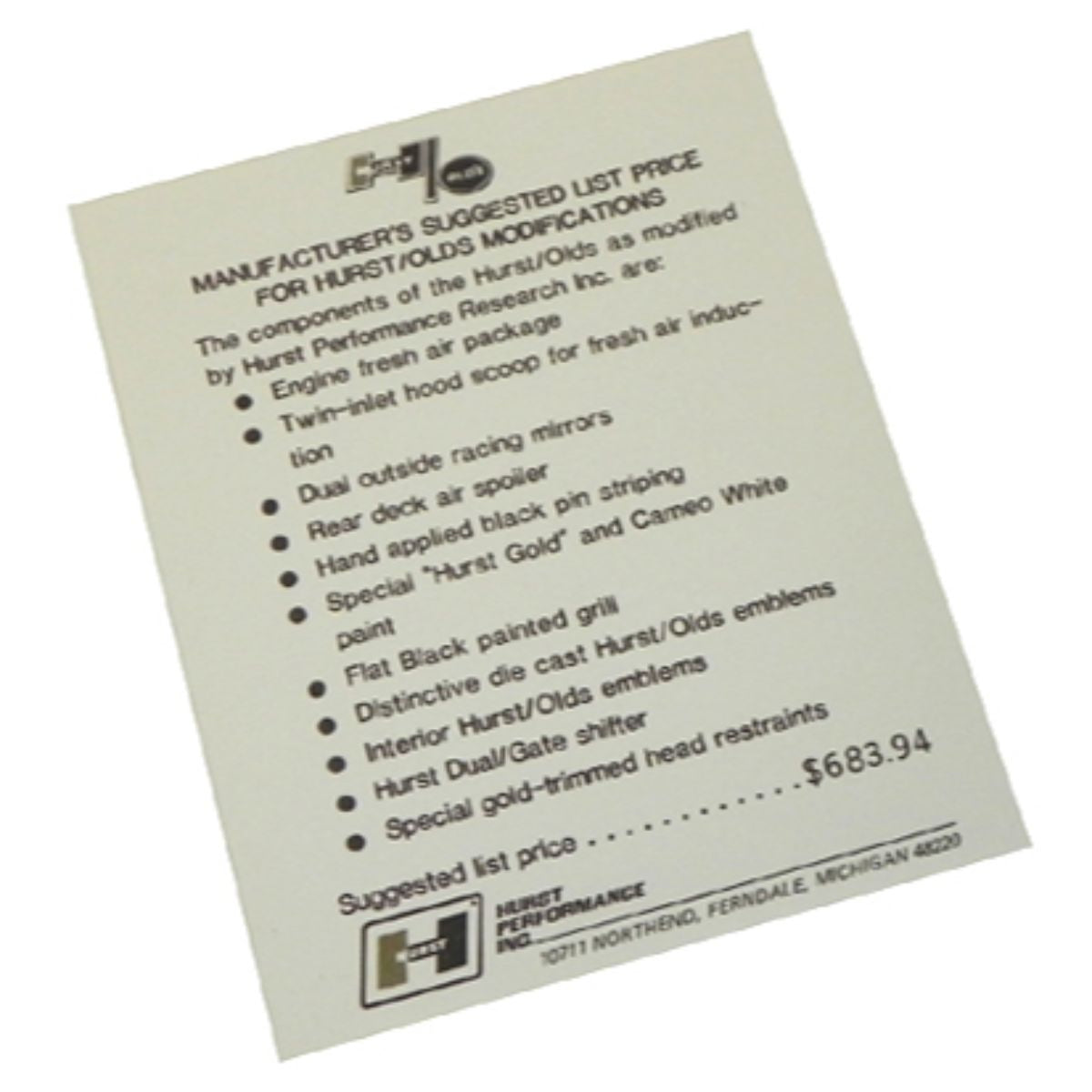 1969 Oldsmobile Hurst Olds Window Sticker Supplement Decal 1pc – Inline ...