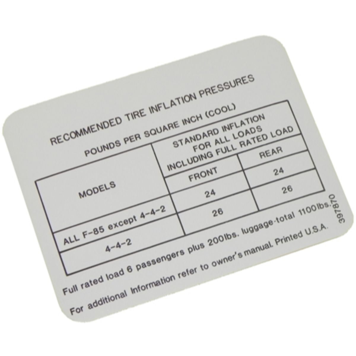1967 Oldsmobile Cutlass Tire Pressure Decal 1pc