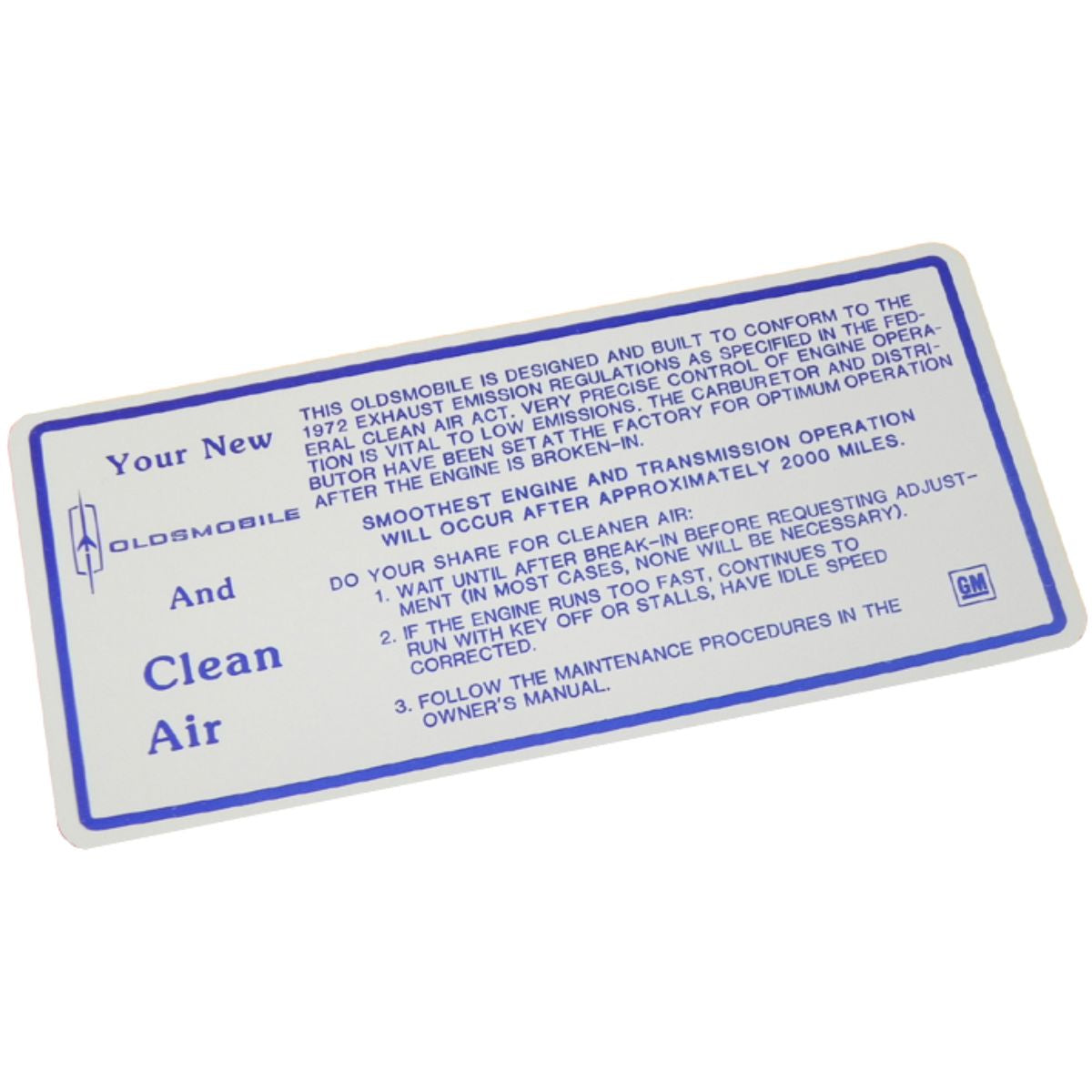 1972 Oldsmobile Sun Visor Clean Air Label 1pc