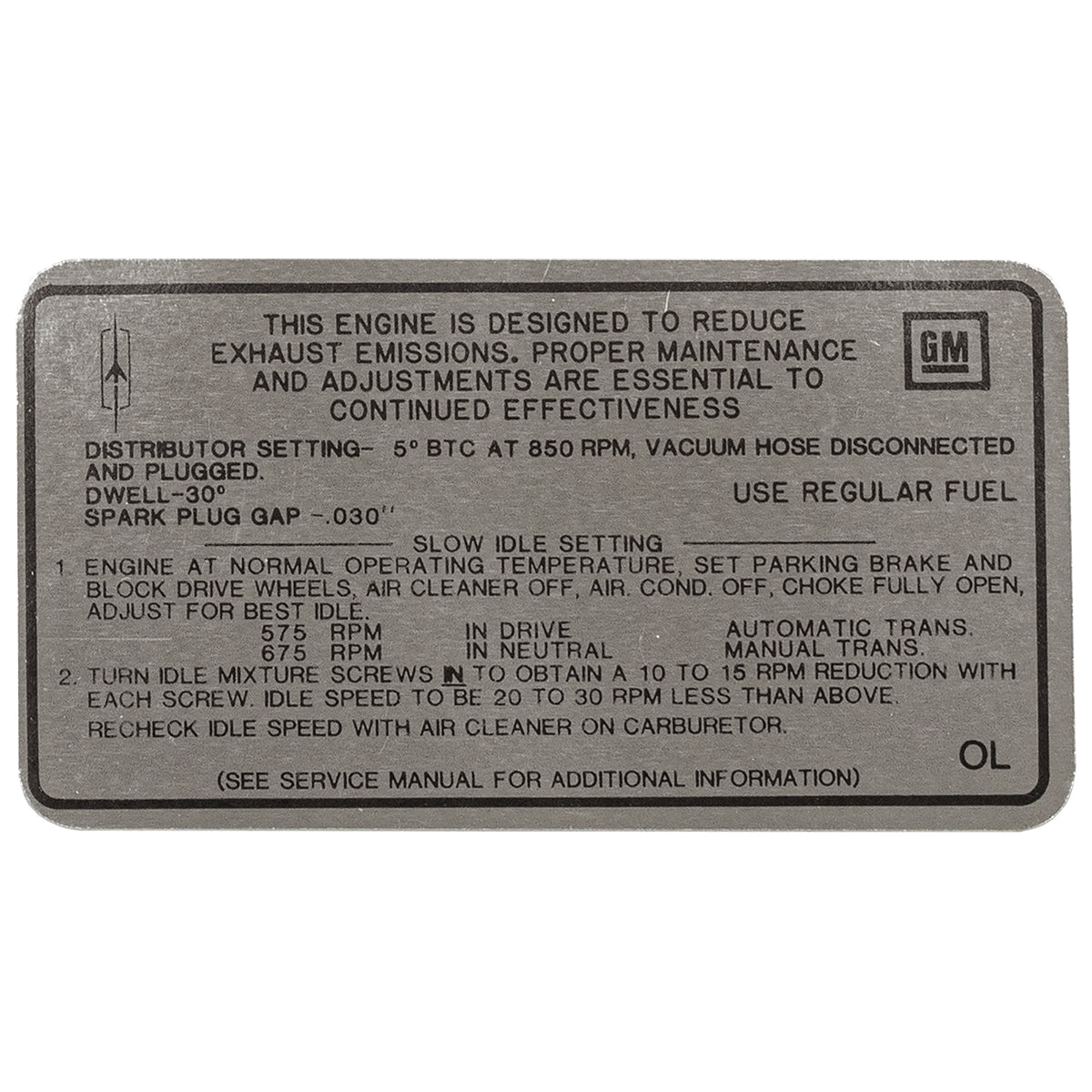 1968 Oldsmobile Cutlass Tune Up Decal 400 CID 2BBL (OL) AT/MT