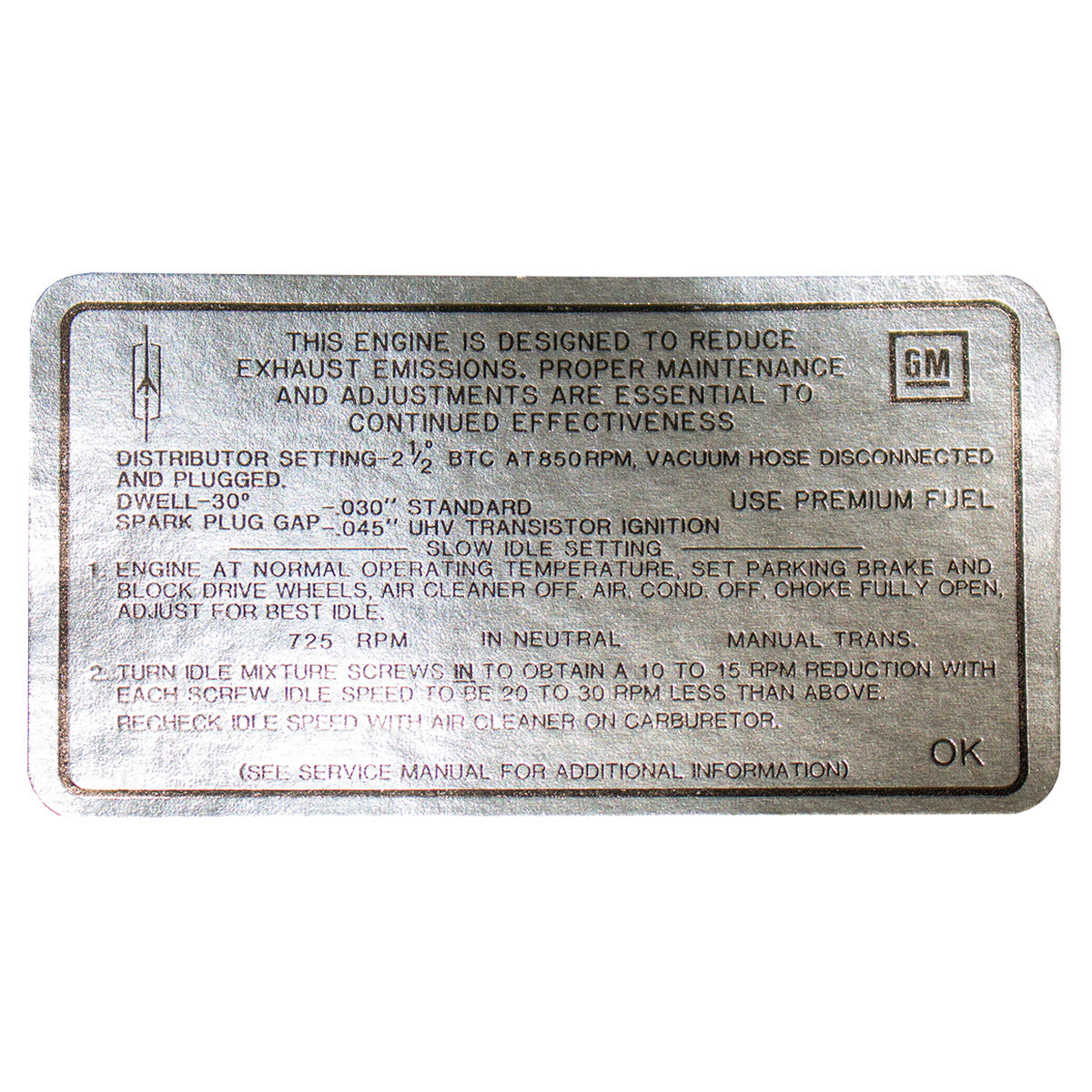 1968 Oldsmobile Cutlass Tune Up Decal 442, 400 CID, 4BBL (OK) MT