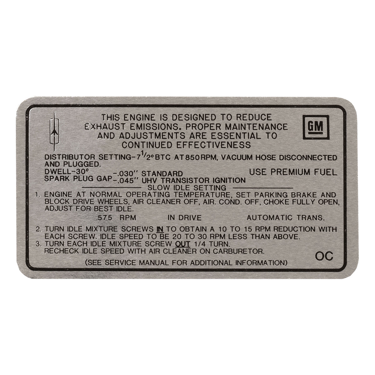 1968 Oldsmobile Cutlass Tune Up Decal 442, 400 CID, 4 BBL (OC) AT
