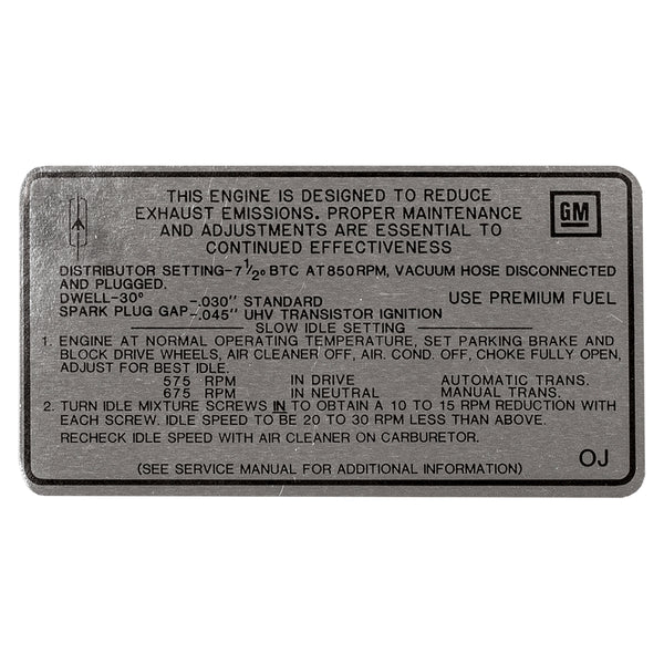 1969 Oldsmobile A & B-Body Tune Up Decal 350 CID, 2BBL (OT) AT/MT