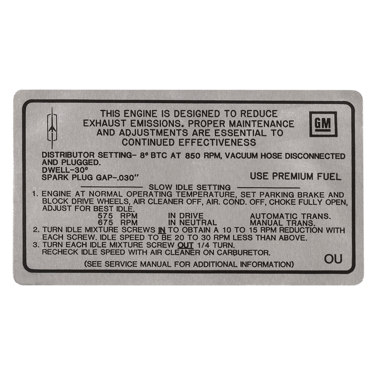1969 Oldsmobile Cutlass Tune Up Decal 350 CID, 4BBL (OU) AT/MT
