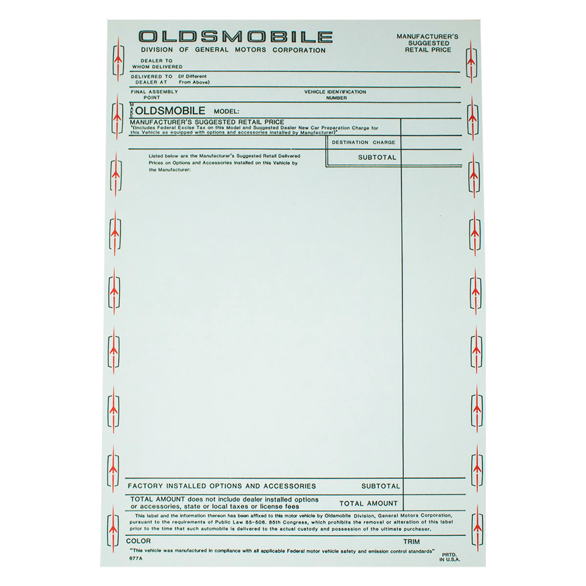 1969-72 Oldsmobile Window Sticker 1pc