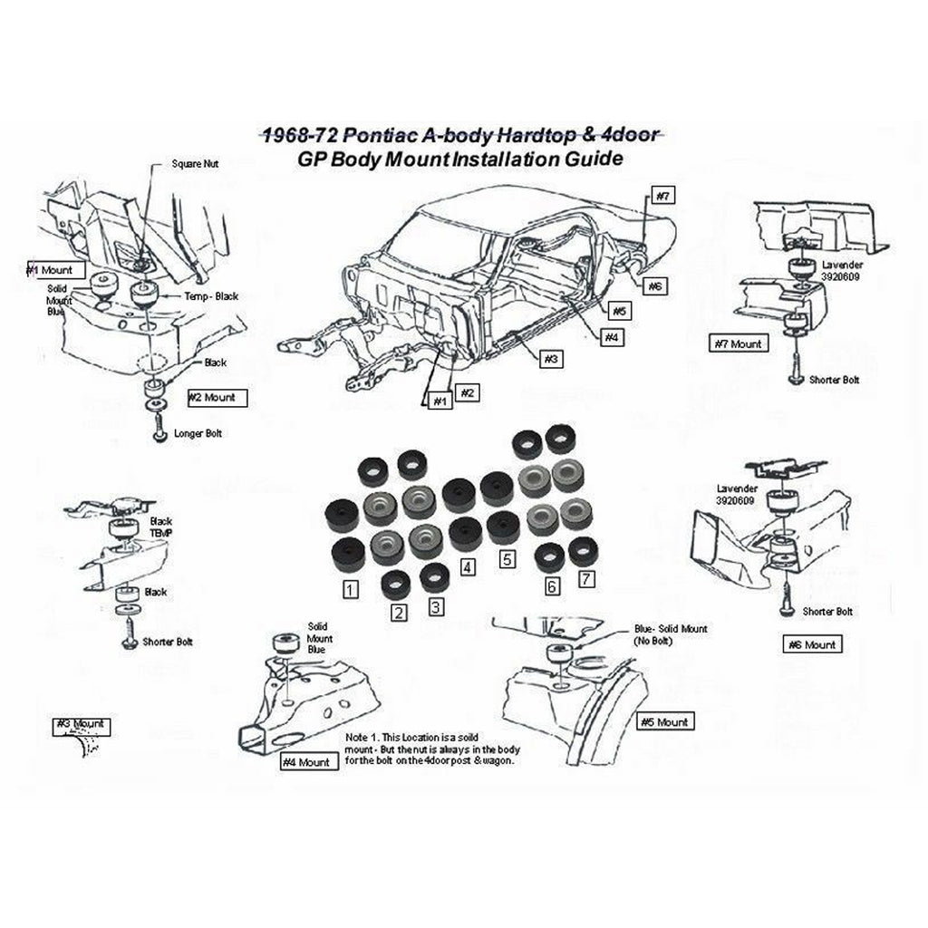 1968-72 Pontiac GTO Grand Prix Hardtop & 4 Door Body Mount Kit 22pc