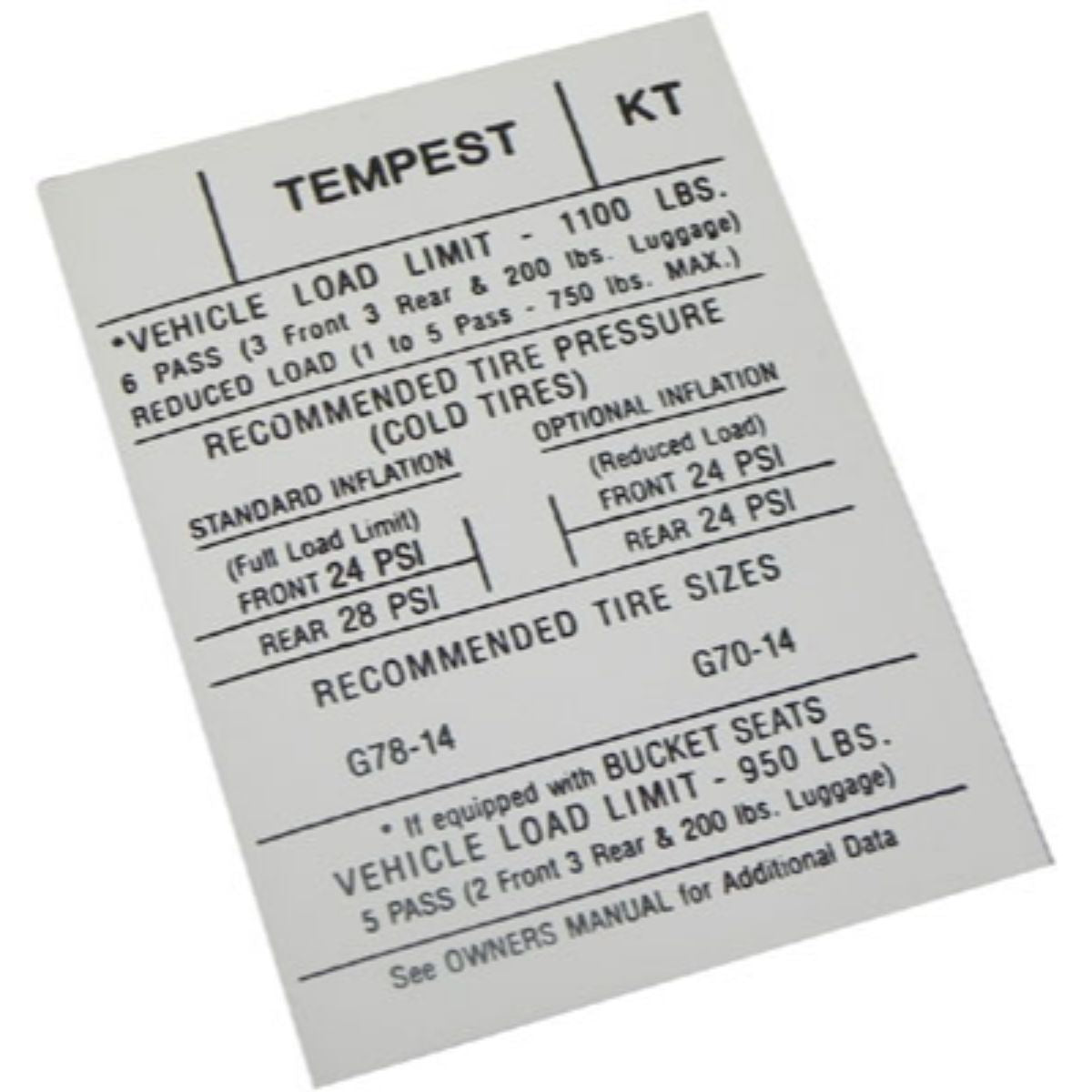 1970 Pontiac GTO/LeMans Door Jamb Tire Pressure Decal 1pc