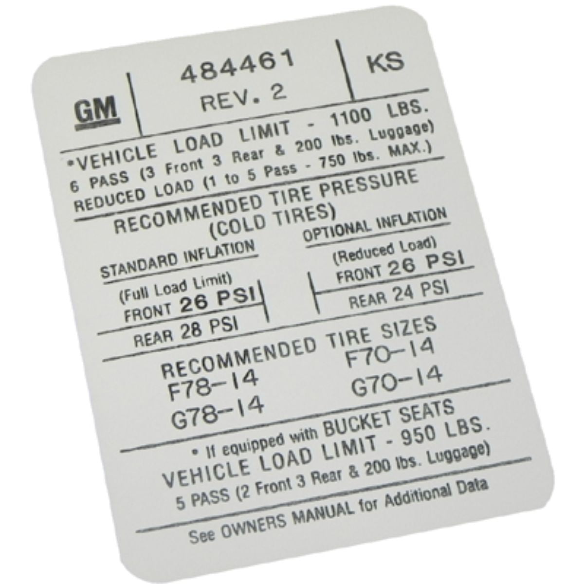 1972 Pontiac GTO/LeMans Door Jamb Tire Pressure Decal 1pc