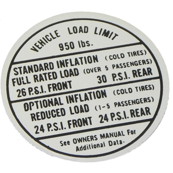 1967 Pontiac Firebird Glove Box Tire Pressure Decal