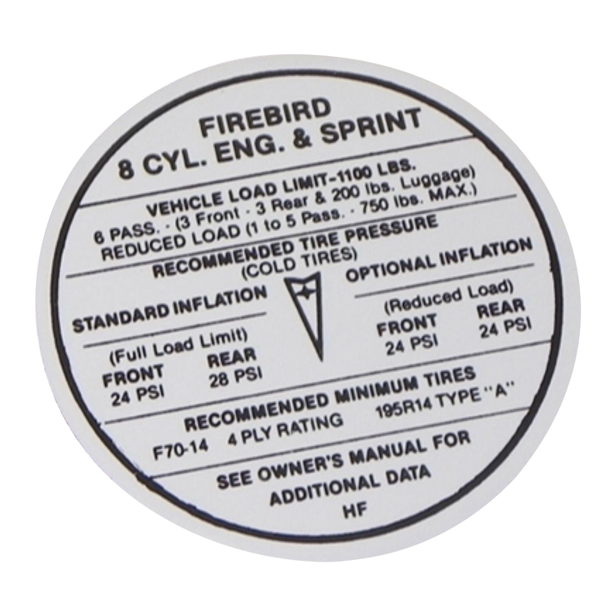 1968 Pontiac Firebird Glove Box Tire Pressure Decal
