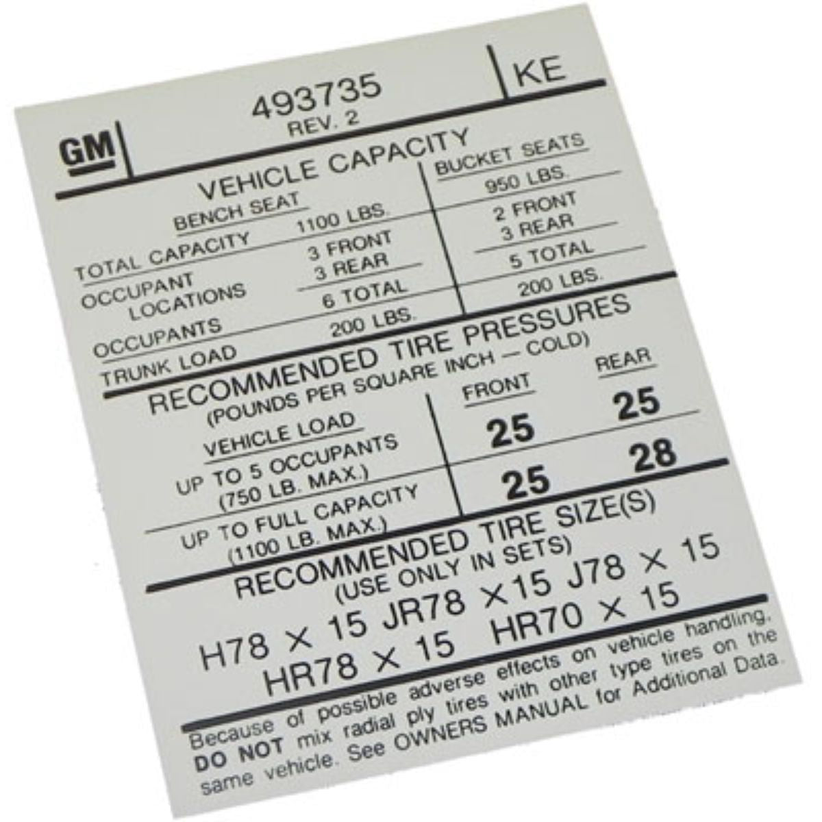 1975 Pontiac Full Size Door Jamb Tire Pressure Decal