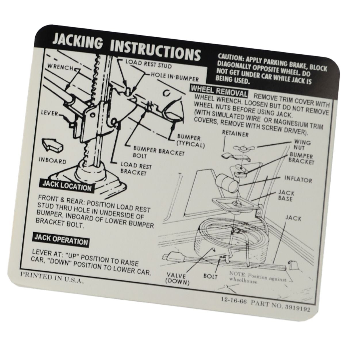 1967-68 Chevrolet Camaro Coupe Space Saver Jacking Instructions.