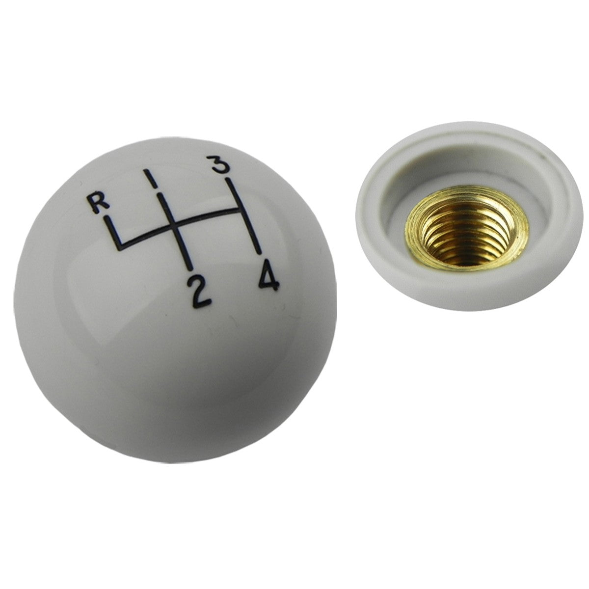 White Hurst Gear Shift Knob. Coarse Thread With Black Letters.