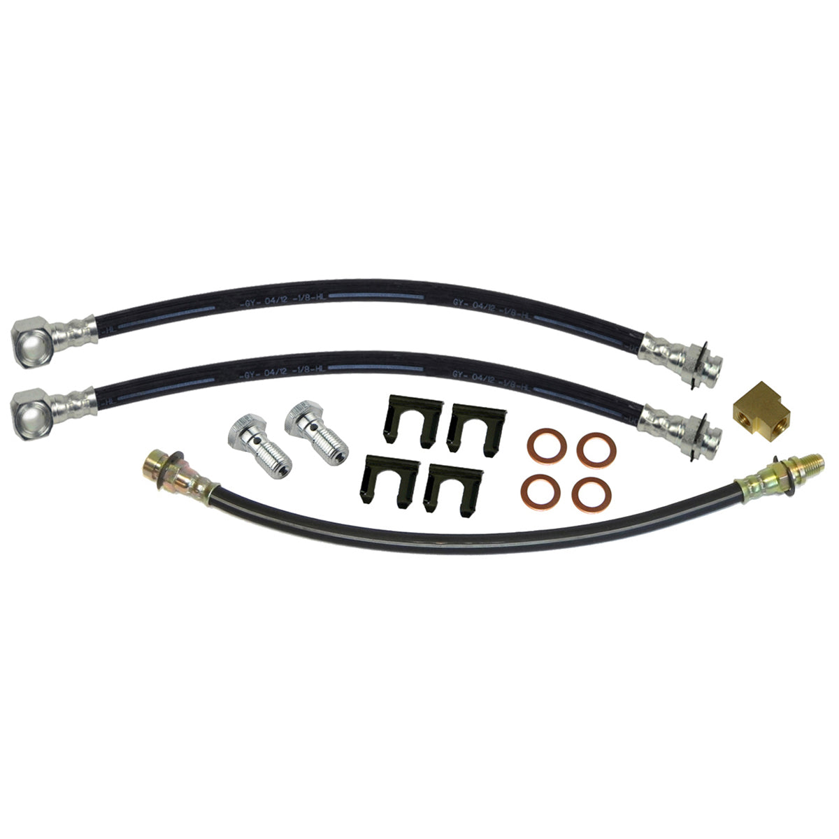 1964-65 GM A-body Skylark / GS - Front Disc Single Piston Calipers / Rear Drum 3 hose Kit. For cars that have converted to aftermarket disc brakes. 14pc