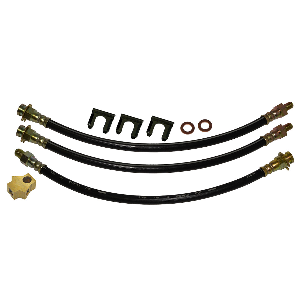1963-64 Mopar A-body, Dart/ Valiant, Drum Brake 3 Hose Kit. Comes with rear brass tee block, crush washers & clips. 9pc