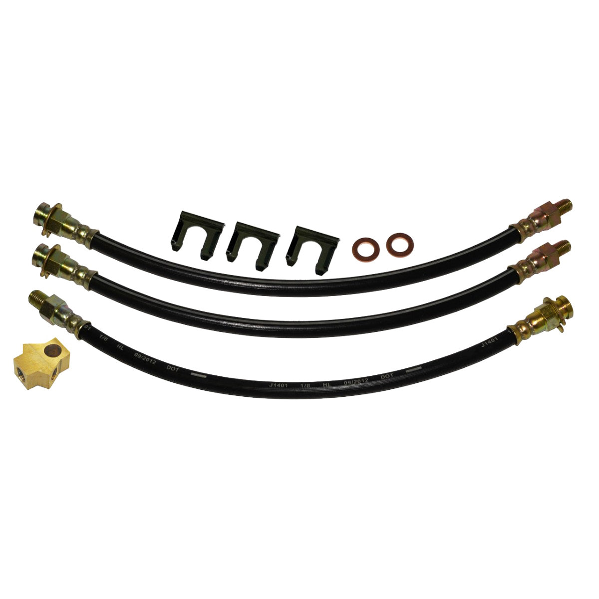 1966 Mopar A-body, Dart / Barracuda - Valiant, 9" Drum Brake 3 Hose Kit. With rear brass tee block, crush washers & clips. 9 pc