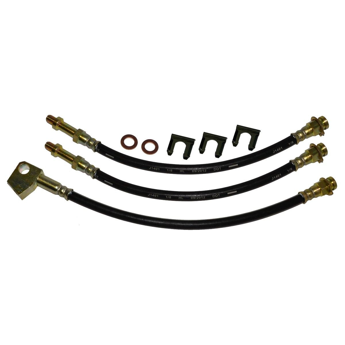 1972-74 Mopar B-body, Charger, Satellite, Roadrunner, Drum Brake 3 Hose Kit. Rear brass tee blockattached to brake hose.9pc