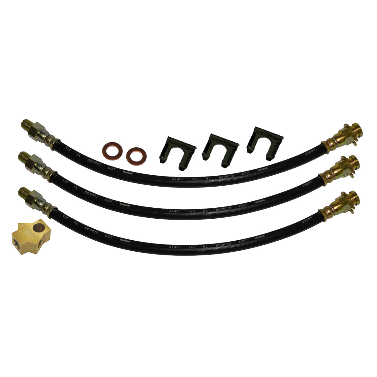 1960-62 Mopar C-body, Fury, Savoy, Belvedere, Polara Drum Brake 3 Hose Kit. With Rear Tee, Washers, & clips. 9pc