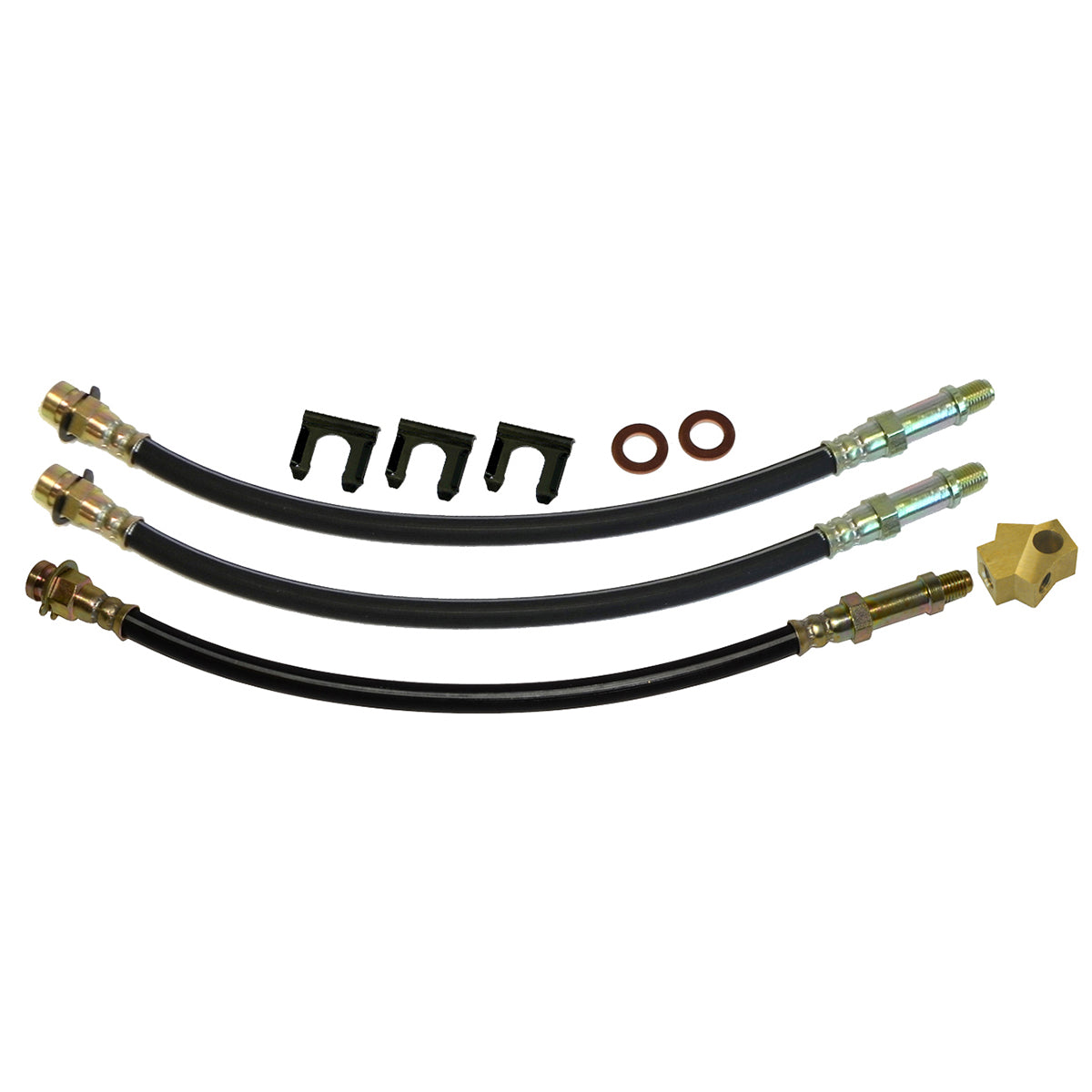 1970 Mopar C-body, Fury, Polara Disc Brake 3 Hose Kit. Comes with rear brass tee block, crush washers & clips. 9pc