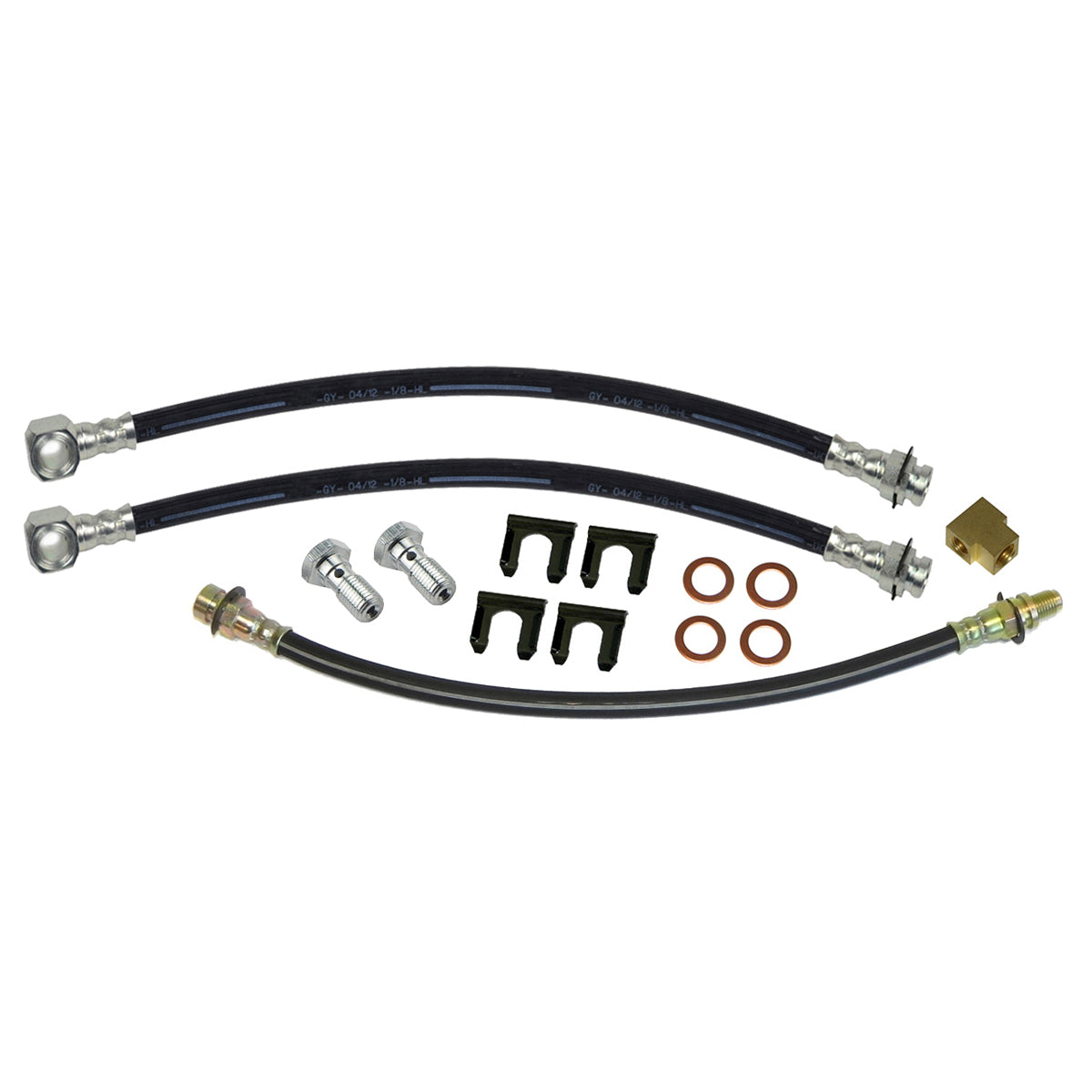 1964-65 GM A-body GTO / LeMans - Front Disc Single Piston Calipers / Rear Drum 3 hose Kit. For cars that have converted to aftermarket disc brakes. 14 pc