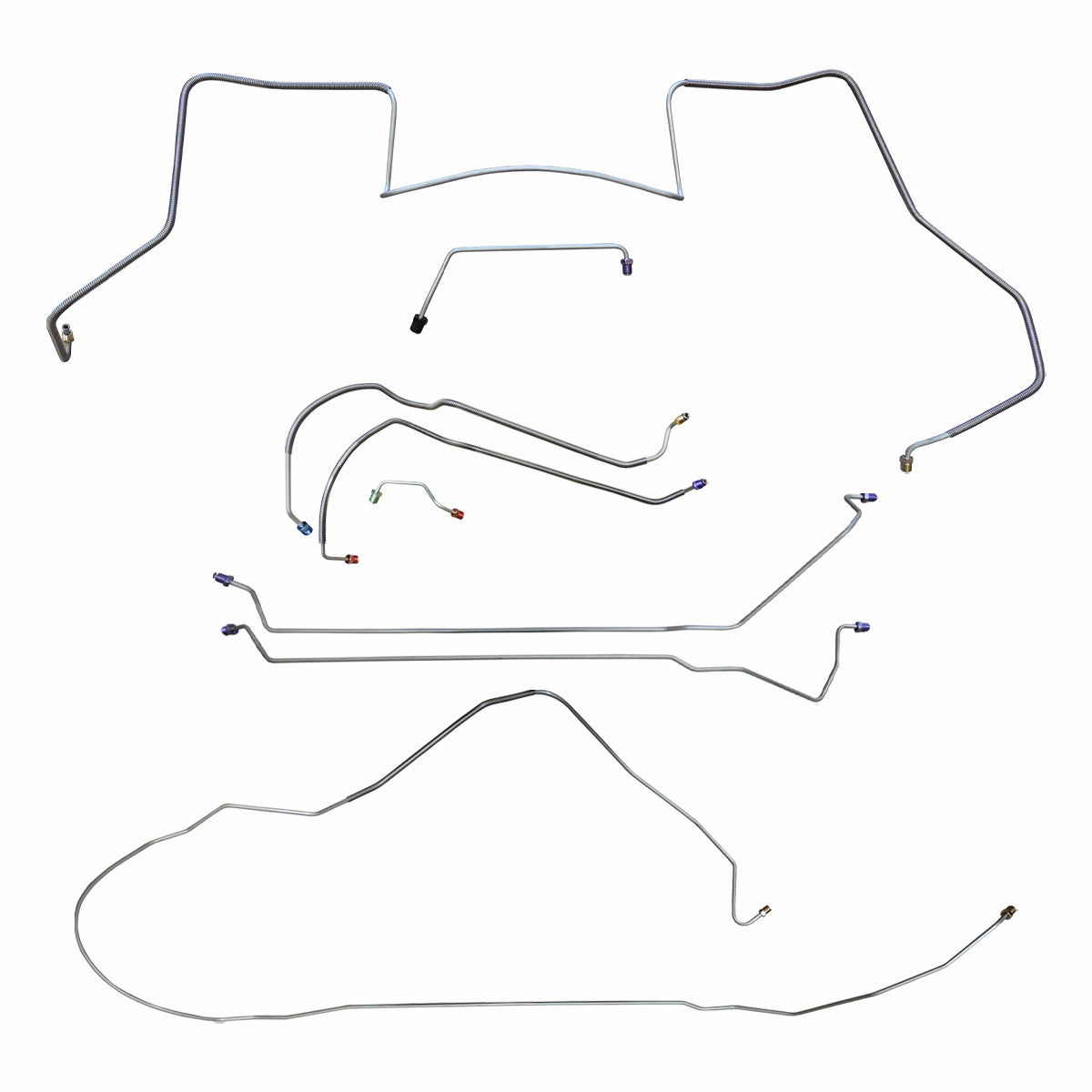 Late 1967 Pontiac GTO LeMans Power Disc Brake Line Kit 8pc, V8, Conv, Valve Lt of M/C, H.O. Ram Air Exhaust, OE Steel