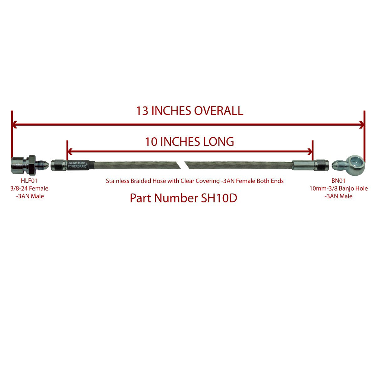 13" Stainless Braided Hose With 3/8-24" Female To 10mm Banjo