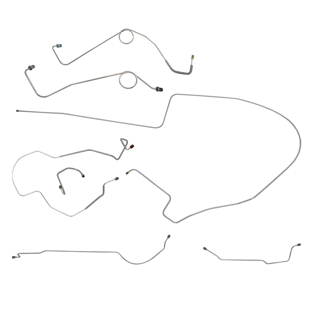 1968-69 Plymouth Roadrunner Satellite GTX Hemi 1pc F to R, Left-Port Master 8 3/4 Rear Power Disc Brake Line Kit 7pc, Stainless