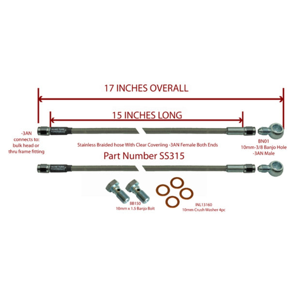15" Stainless Braided Flex Hose -3an Female to 10mm X 1.5 Banjo And Bolts