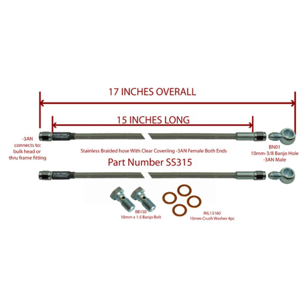 15" Stainless Braided Flex Hose -3an Female to 10mm X 1.5 Banjo And Bolts